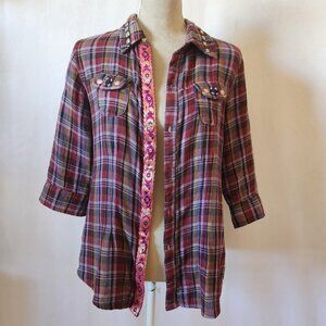 Faith Women's SZ Small Purple Plaid Beaded Rhinestone Tie Back Button Down Shirt